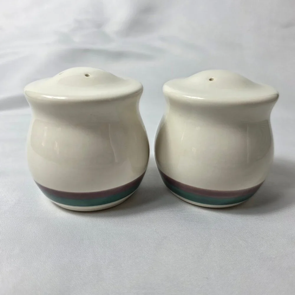 Pfaltzgraff Juniper Salt & Pepper Shakers Ivory with Mauve and Green Bands